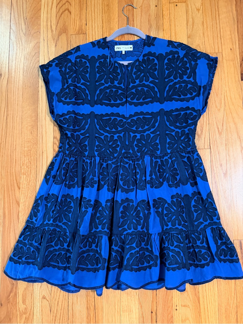 Zara Royal Blue & Black Floral Embroidered Tiered Dress